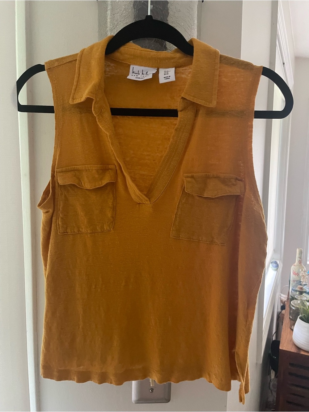 Nicole Miller Linen Mustard Sleeveless Utility Collared Tank